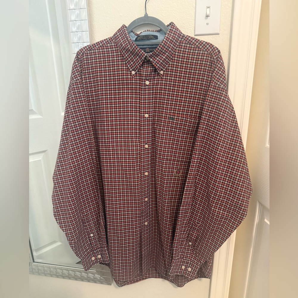 Vintage Tommy Hilfiger Red and Navy Micro-Plaid Button-Down Shirt - XL